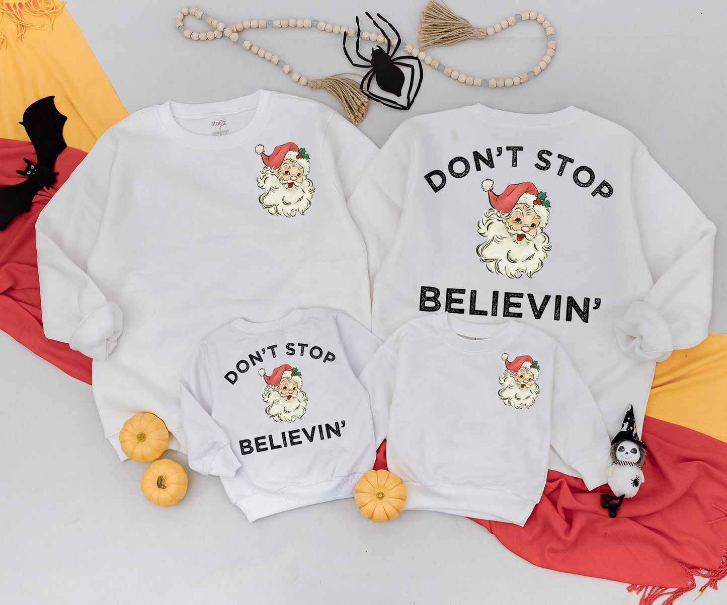 Retro Santa 'Don't Stop Believin' Sweatshirt: Vintage Christmas Sweater for Women, Men, Kids, and Newborns—Nostalgic Xmas Family Matching Outfit Idea, Cute Coquette