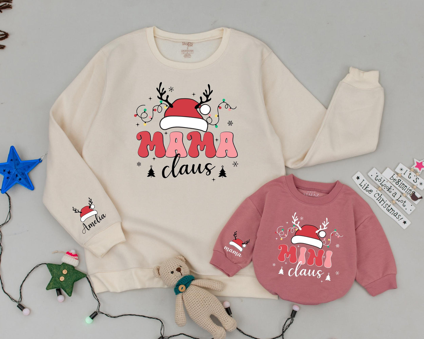 Retro Mama and Mini Claus Matching Christmas Sweatshirts, Mommy and Me Outfits, Personalized Baby Romper, Holiday Family Matching, Xmas Lights & Antlers
