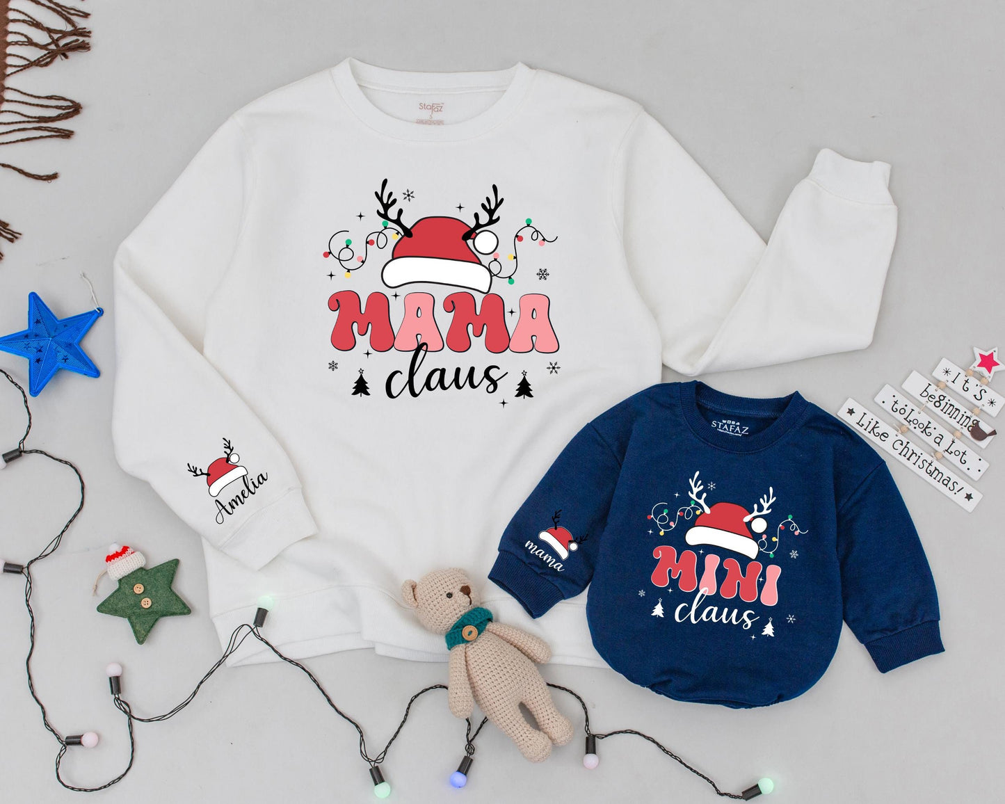 Retro Mama and Mini Claus Matching Christmas Sweatshirts, Mommy and Me Outfits, Personalized Baby Romper, Holiday Family Matching, Xmas Lights & Antlers