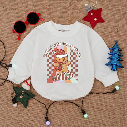 Gingerbread Skateboarding Christmas Romper "Rollin' with my Doughmies" Baby Outfit, Vintage Style, Red Green & White, Cute Holiday Clothes, Boy Gift 139