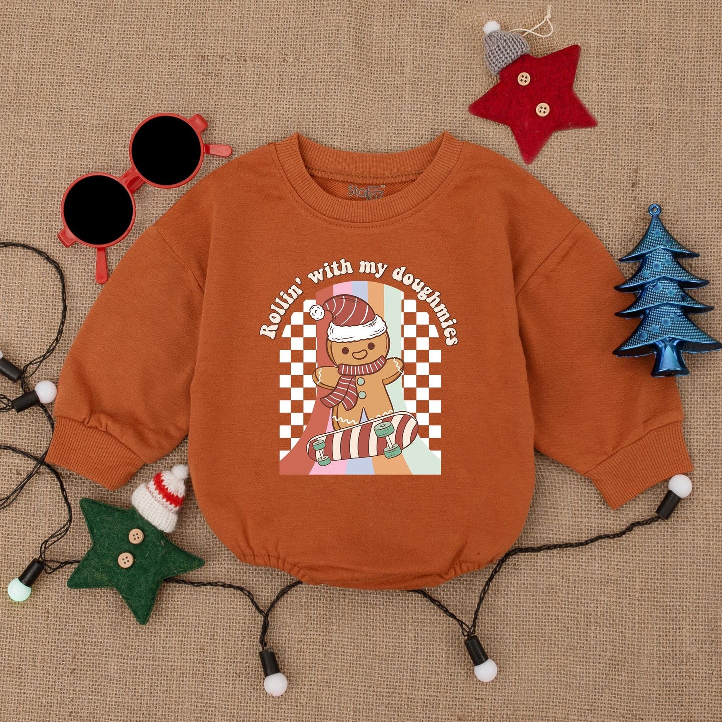 Gingerbread Skateboarding Christmas Romper "Rollin' with my Doughmies" Baby Outfit, Vintage Style, Red Green & White, Cute Holiday Clothes, Boy Gift 139