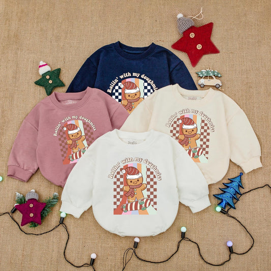 Gingerbread Skateboarding Christmas Romper "Rollin' with my Doughmies" Baby Outfit, Vintage Style, Red Green & White, Cute Holiday Clothes, Boy Gift 139