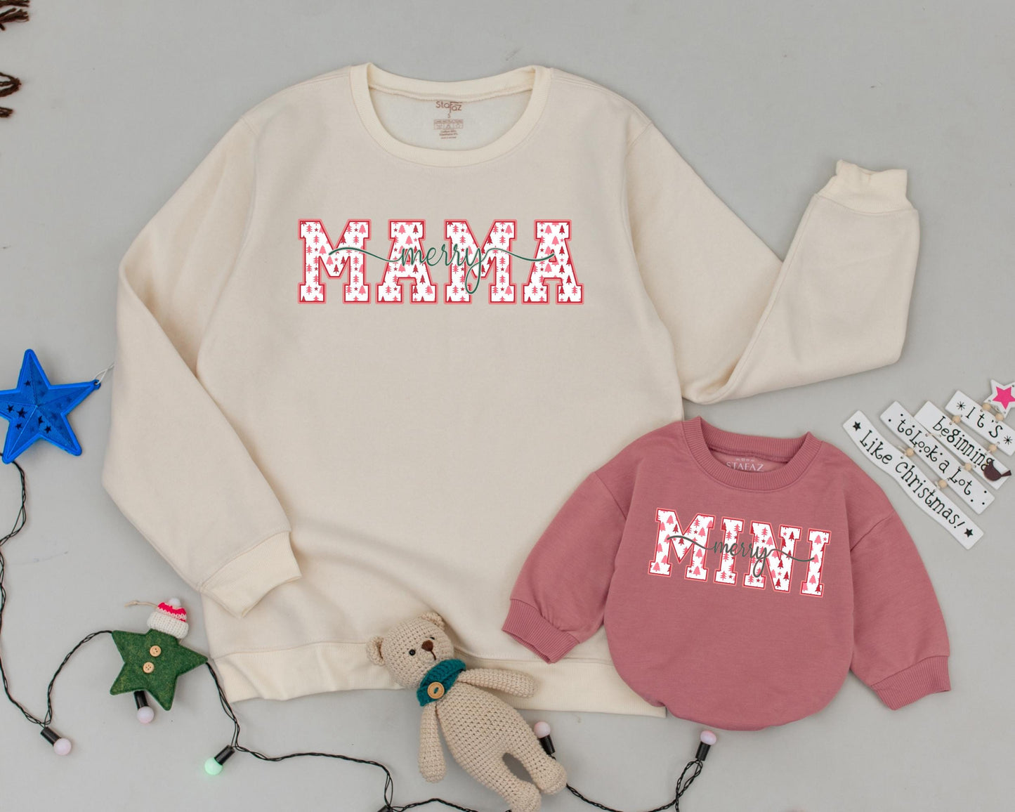 Mama & Mini Christmas Sweatshirt Set Retro Tree Design, Mommy and Me Matching Outfits, Merry Xmas Baby Romper, Holiday Family Photo, Year End Gift