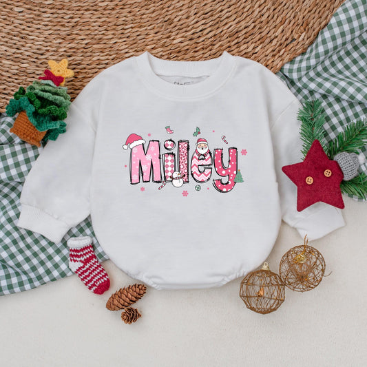 Personalized Miley Pink Christmas Baby Romper Cute Santa Hat Snowman Holiday Outfit for Girls Newborn First Christmas Gift