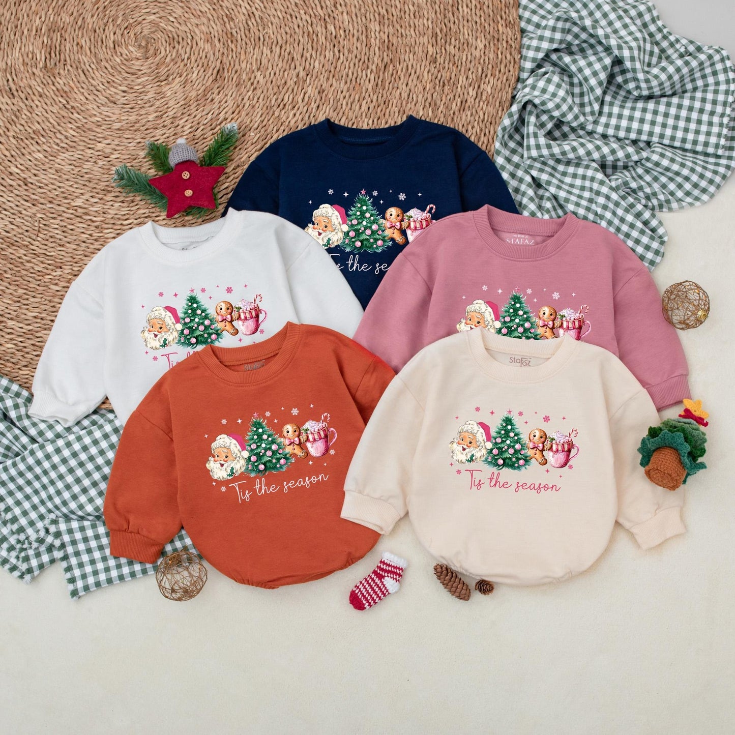 Tis the Season Christmas Romper Outfit Vintage Santa, Tree, & Cocoa Baby Girl Bodysuit Festive Holiday Infant Clothes Comfortable Christmas Gifts 138