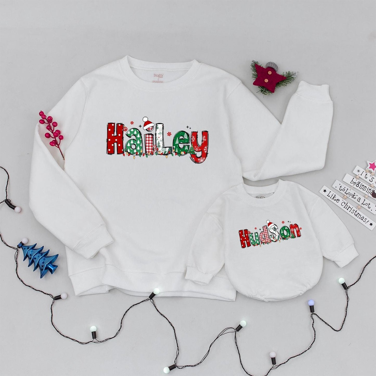 Matching Family Christmas Sweatshirts: Personalized Hudson and Hailey Holiday Sweaters, Cute Festive Names, Toddler Baby Custom Christmas Gift for Crew