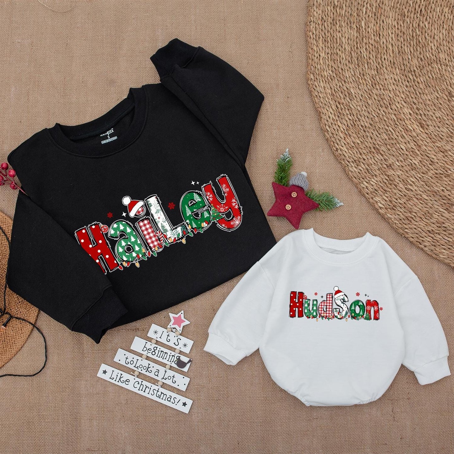 Matching Family Christmas Sweatshirts: Personalized Hudson and Hailey Holiday Sweaters, Cute Festive Names, Toddler Baby Custom Christmas Gift for Crew