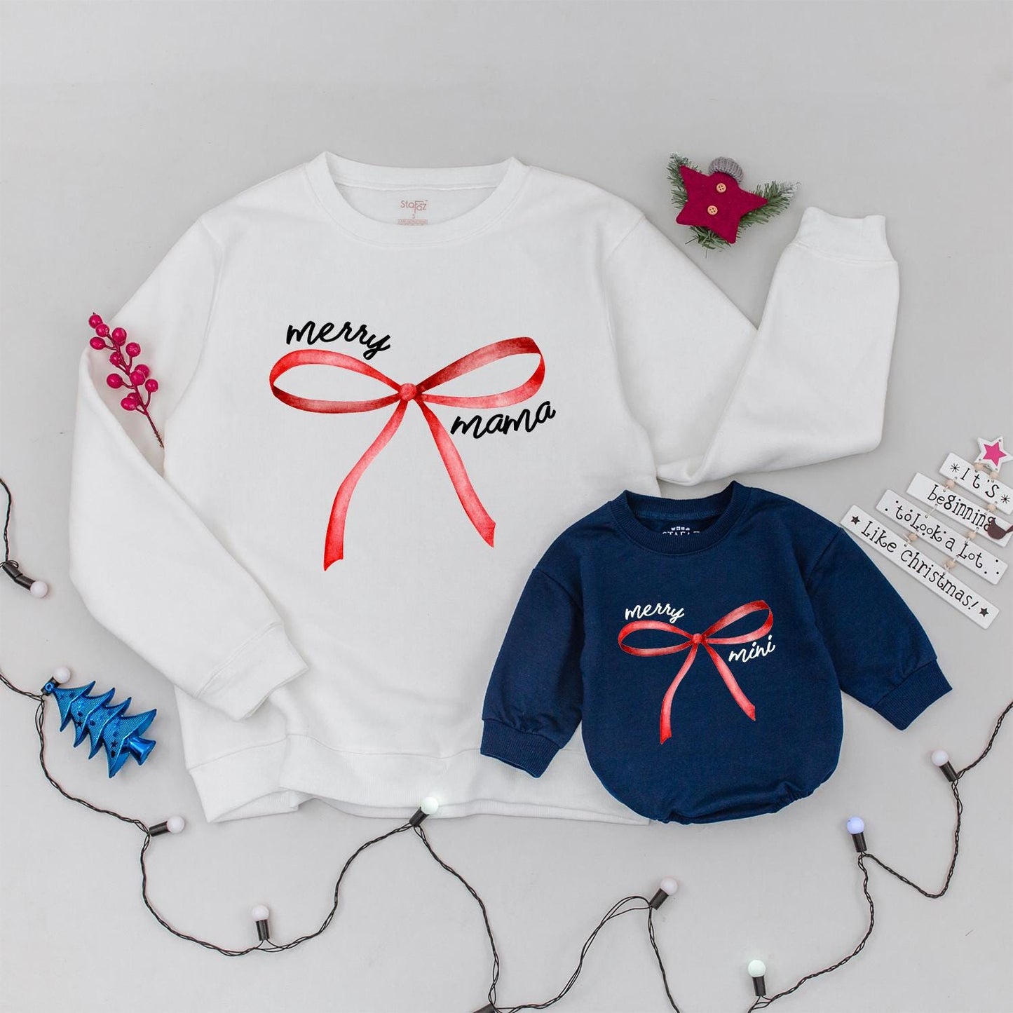 Merry Mama & Mini Sweatshirts: Coquette Christmas Matching Family Shirts with Red Bow Detail, Trendy Holiday Outfit, Xmas Crew, Mommy & Me, Cute Festive Style