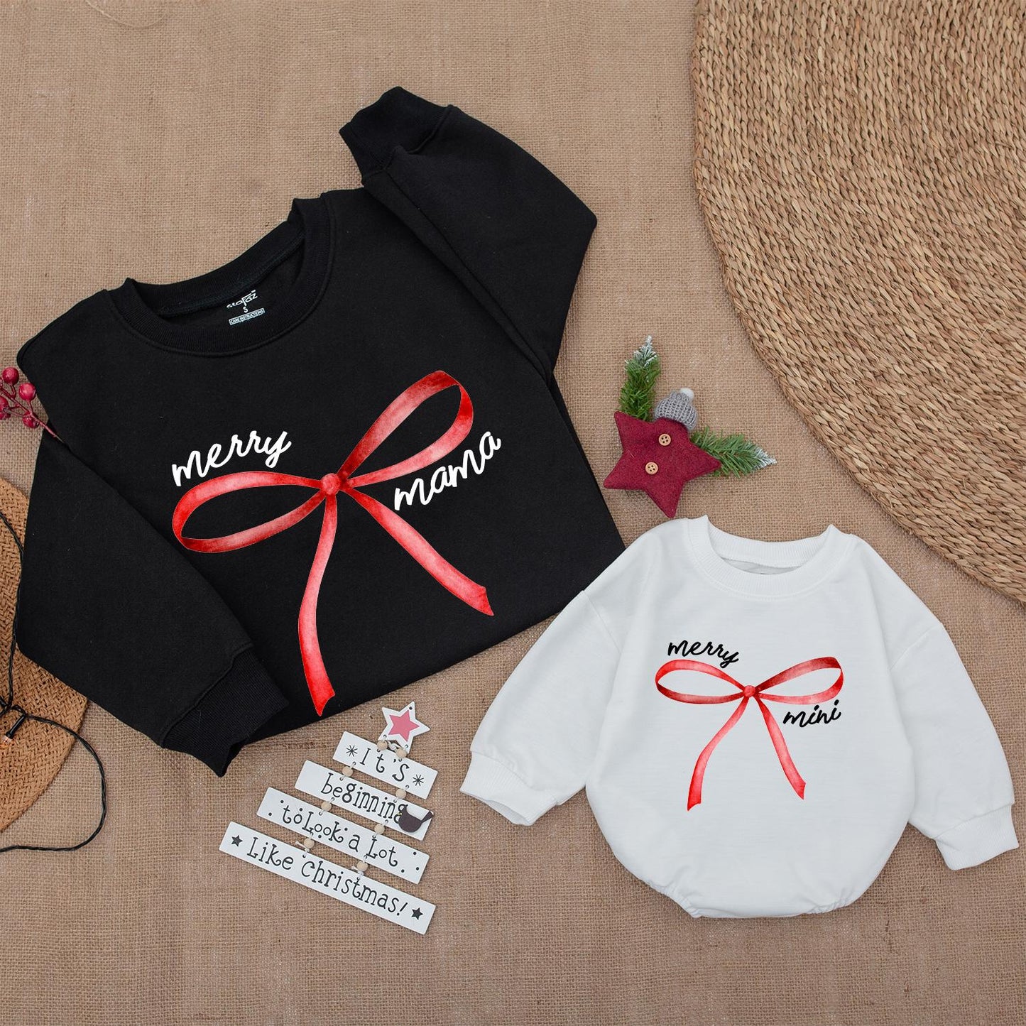 Merry Mama & Mini Sweatshirts: Coquette Christmas Matching Family Shirts with Red Bow Detail, Trendy Holiday Outfit, Xmas Crew, Mommy & Me, Cute Festive Style