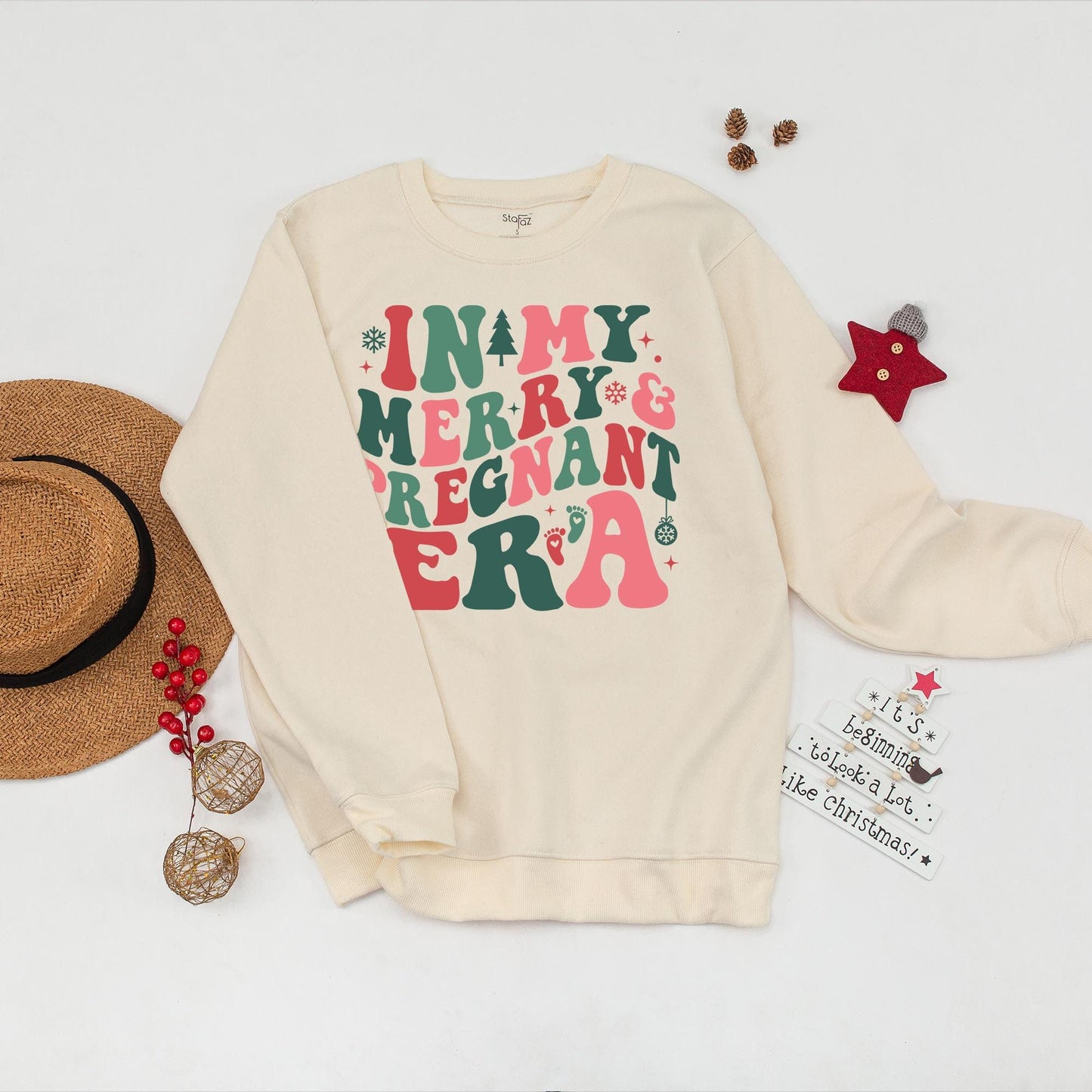In my Merry & Pregnant Era Christmas Sweatshirt, Groovy Font Holiday Pregnancy Reveal, Xmas Gift for Mom, Red Green Pink Snowflakes