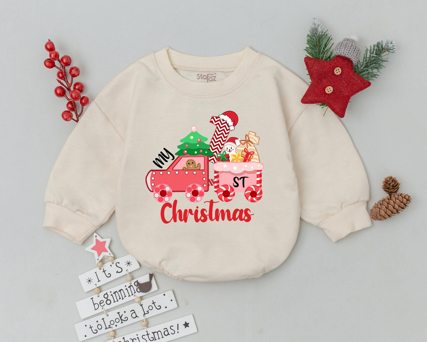 My First Christmas Baby Romper Pink Train Design Cute Holiday Outfit Gingerbread Man Santa Hat Christmas Tree Toddler Boy Girl Gift