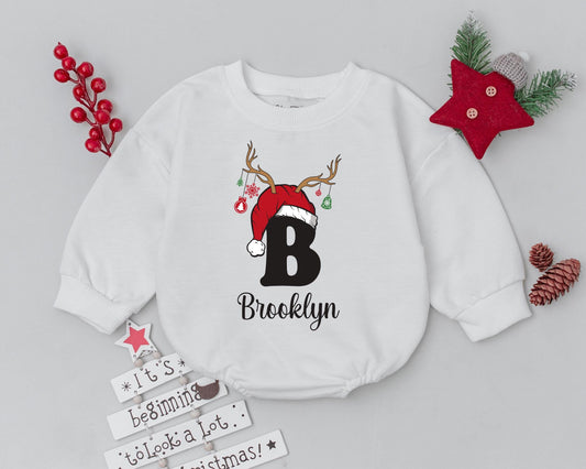 Personalized Brooklyn Baby's First Christmas Romper Santa Hat Antlers Outfit, Holiday Bodysuit for Infant, Custom Name Xmas Gift, Toddler Sweatshirt 139