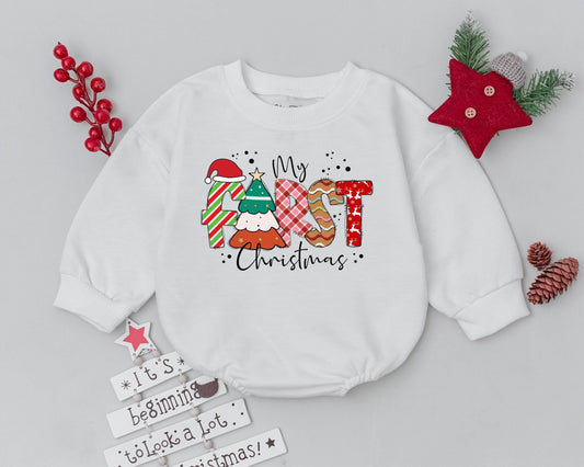 My First Christmas Romper Retro Baby Outfit Cute Toddler Sweatshirt Baby Shower Gift Vintage Holiday Bodysuit Festive Reindeer Trees
