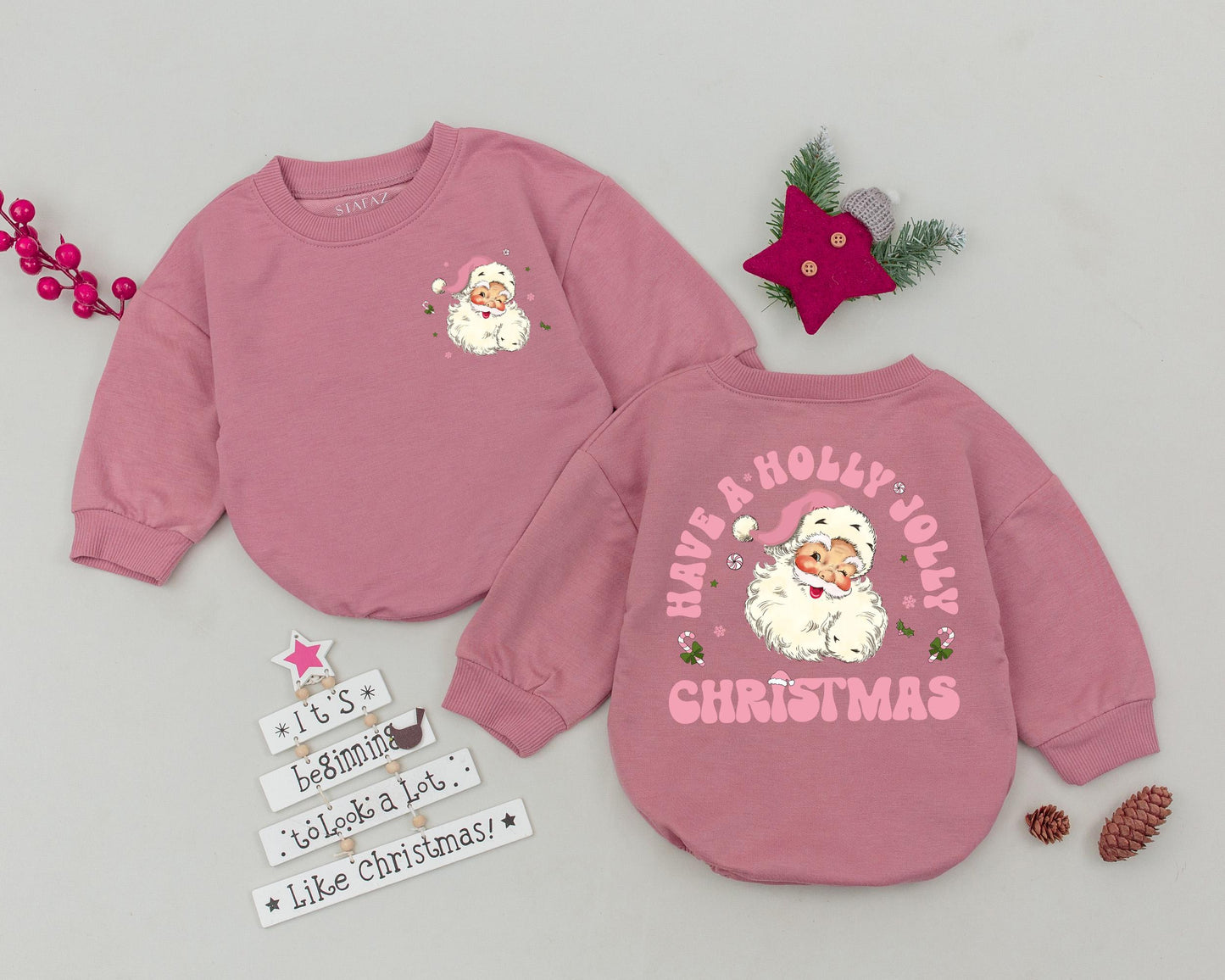 Holly Jolly Christmas Romper Baby Girl, Retro Santa First Christmas Outfit, Pink and Green Newborn Bodysuit Vintage Holiday Gift 134 chars