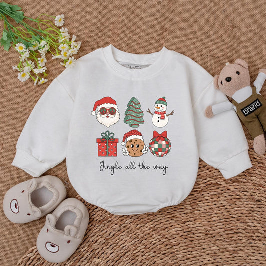 Jingle All The Way Playful Christmas Baby Romper with Retro Santa Cookie Tree Design First Xmas Infant Bodysuit Shower Gift