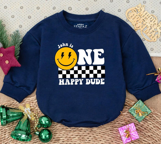 Personalized One Happy Dude Birthday Bodysuit, Smiley Face First Birthday Outfit, Custom Name Baby Boy Clothes, Retro Celebration Romper, Newborn Gift 138