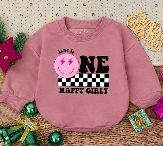 Jane is ONE Birthday Bodysuit, Happy Girly First Birthday Outfit, Smiley Face Baby Girl Romper, Modern Black and White Checkerboard Party Outfit