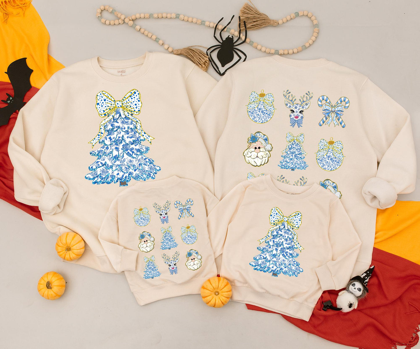 Vintage Christmas Tree Sweatshirt: Blue Floral Bow Festive Top, Baby Romper & Kids Outfit, Cute Xmas Newborn Clothes, Retro Holiday Style,Coquette Sweatshirt