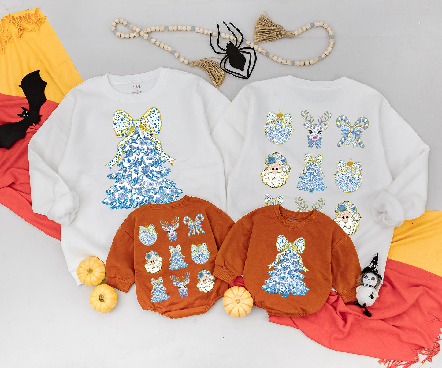 Vintage Christmas Tree Sweatshirt: Blue Floral Bow Festive Top, Baby Romper & Kids Outfit, Cute Xmas Newborn Clothes, Retro Holiday Style,Coquette Sweatshirt