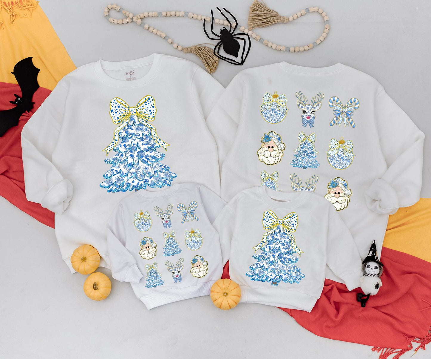 Vintage Christmas Tree Sweatshirt: Blue Floral Bow Festive Top, Baby Romper & Kids Outfit, Cute Xmas Newborn Clothes, Retro Holiday Style,Coquette Sweatshirt