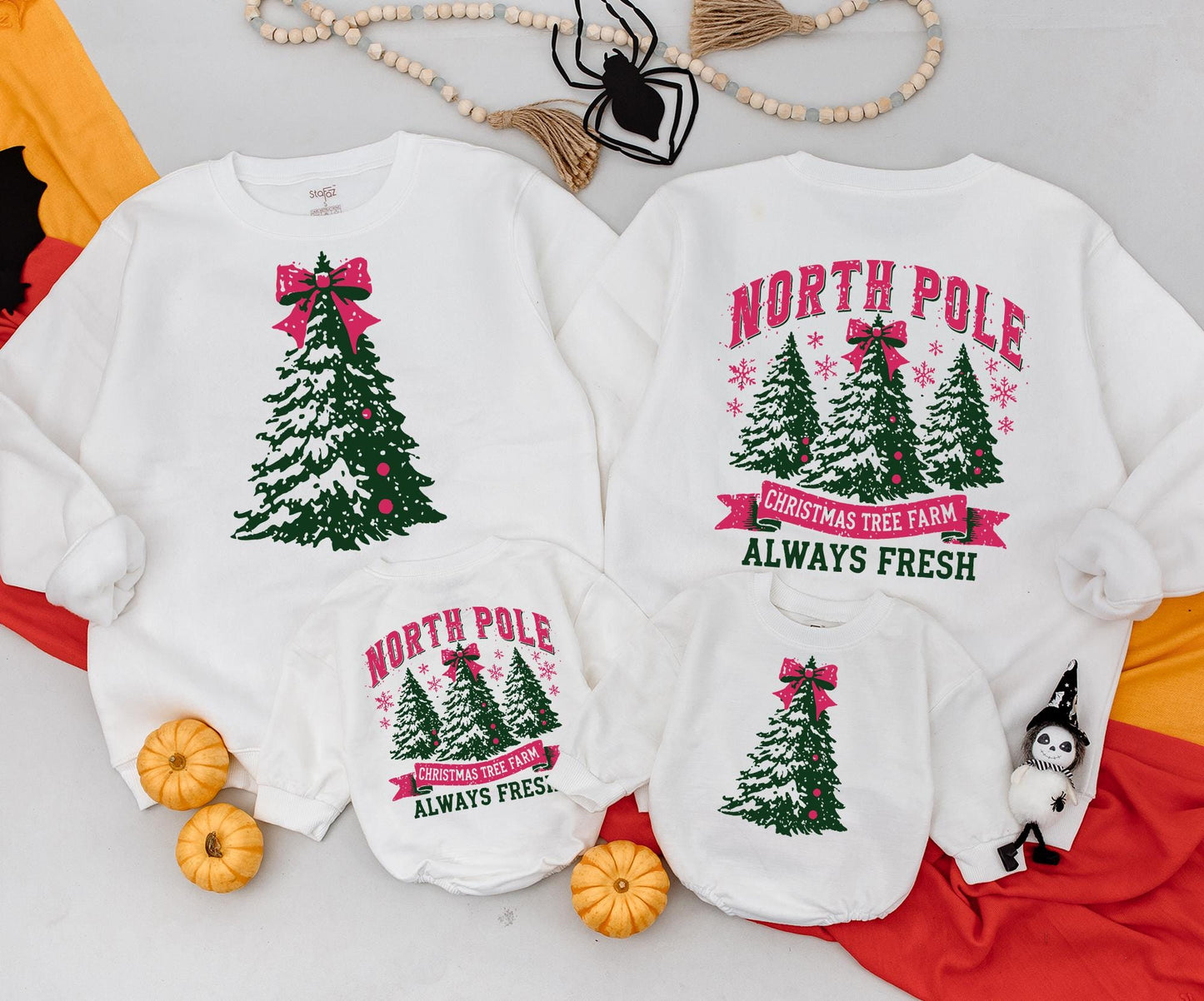 North Pole Christmas Tree Farm Sweatshirt Cozy Green Red Bow Festive Vintage Baby Toddler Gift