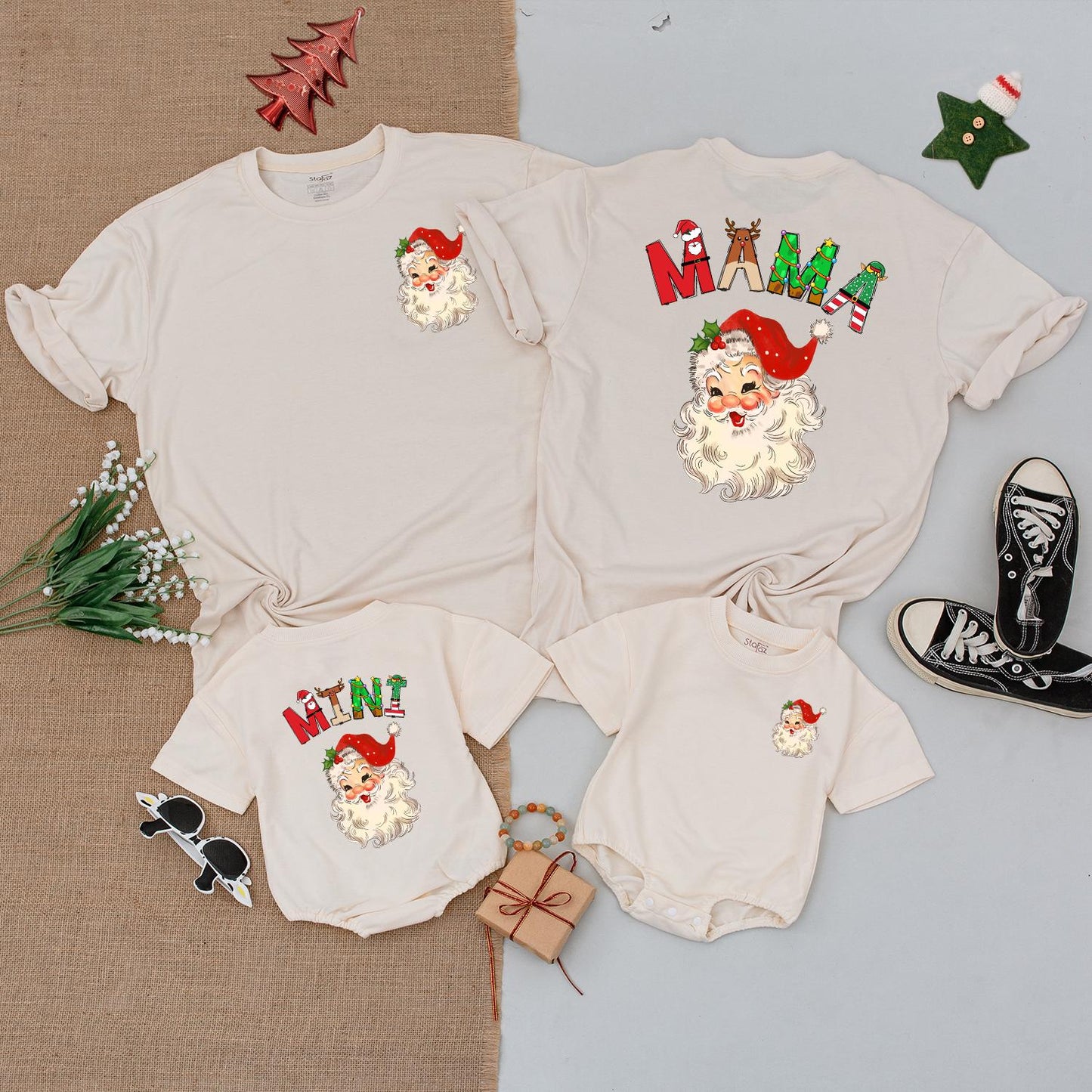 Matching Mama & Mini Christmas Shirts Retro Santa Face Family Holiday Tee Mommy and Me Outfit Red Green White Cotton Cute Xmas