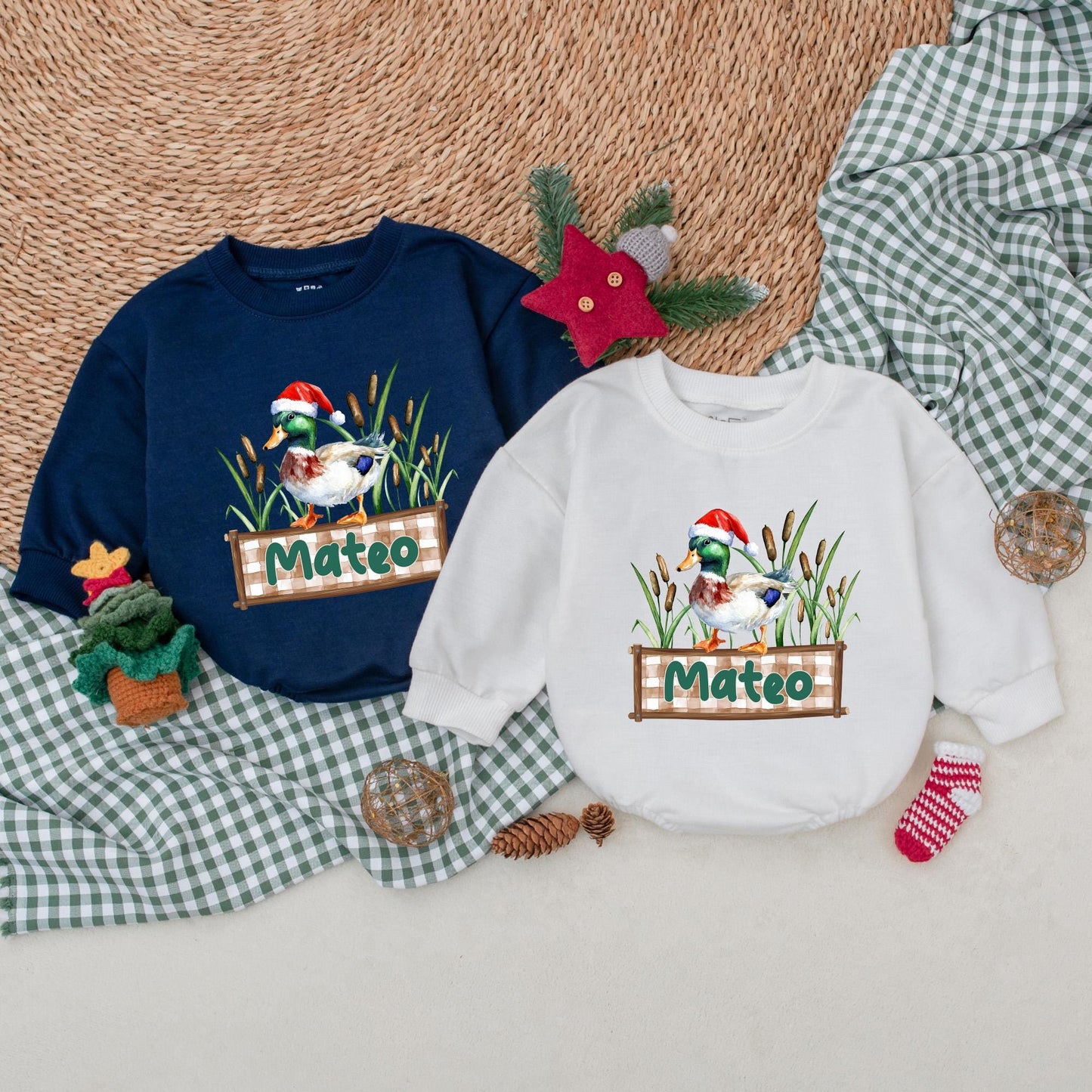 Personalized Christmas Mallard Duck Romper Baby Boy Outfit, Mateo Banner, Hunting Holiday Bodysuit, Christmas Baby Clothes Duck Lover Gift (139)