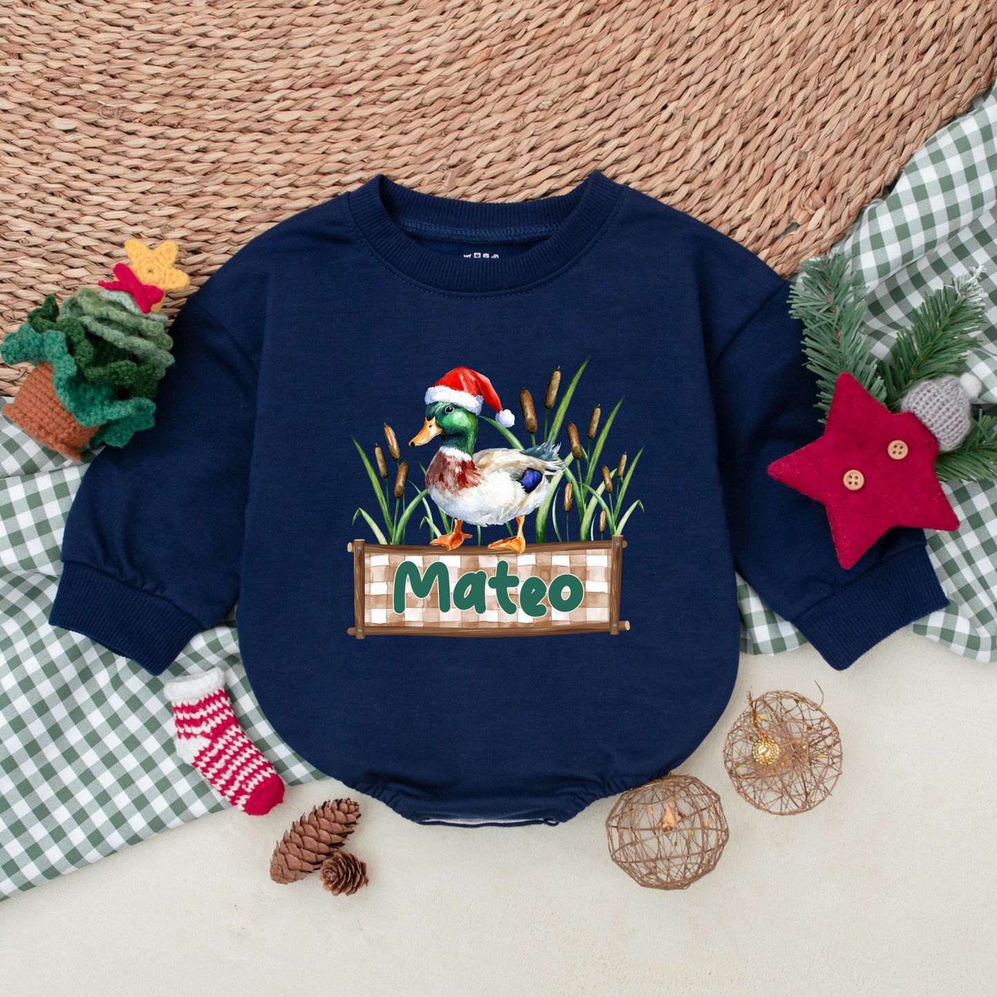 Personalized Christmas Mallard Duck Romper Baby Boy Outfit, Mateo Banner, Hunting Holiday Bodysuit, Christmas Baby Clothes Duck Lover Gift (139)