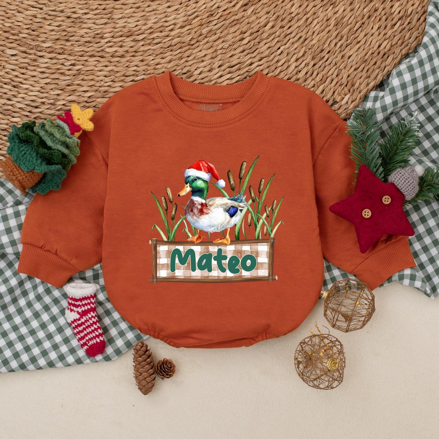 Personalized Christmas Mallard Duck Romper Baby Boy Outfit, Mateo Banner, Hunting Holiday Bodysuit, Christmas Baby Clothes Duck Lover Gift (139)