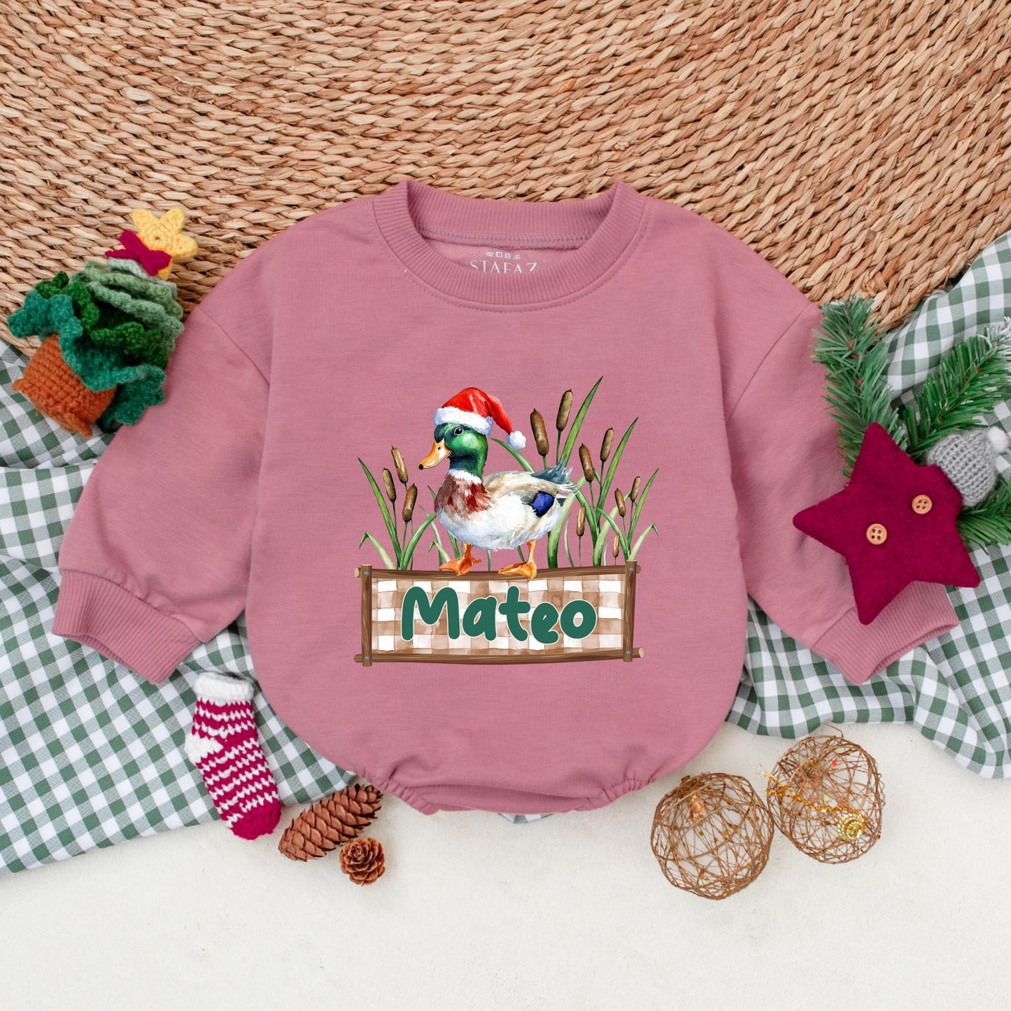 Personalized Christmas Mallard Duck Romper Baby Boy Outfit, Mateo Banner, Hunting Holiday Bodysuit, Christmas Baby Clothes Duck Lover Gift (139)