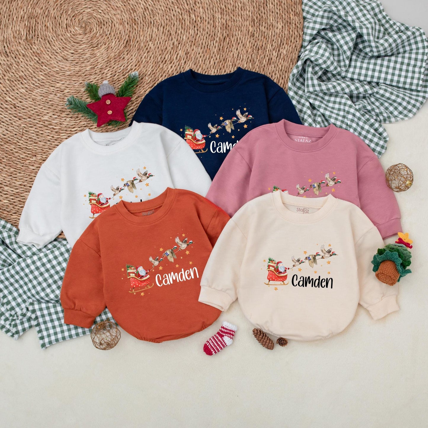 Christmas Sleigh Mallard Duck Romper, Santa Claus Baby Bodysuit, Personalized Camden Boys Outfit, Whimsical Holiday Winter Clothes Gift, Newborn 139