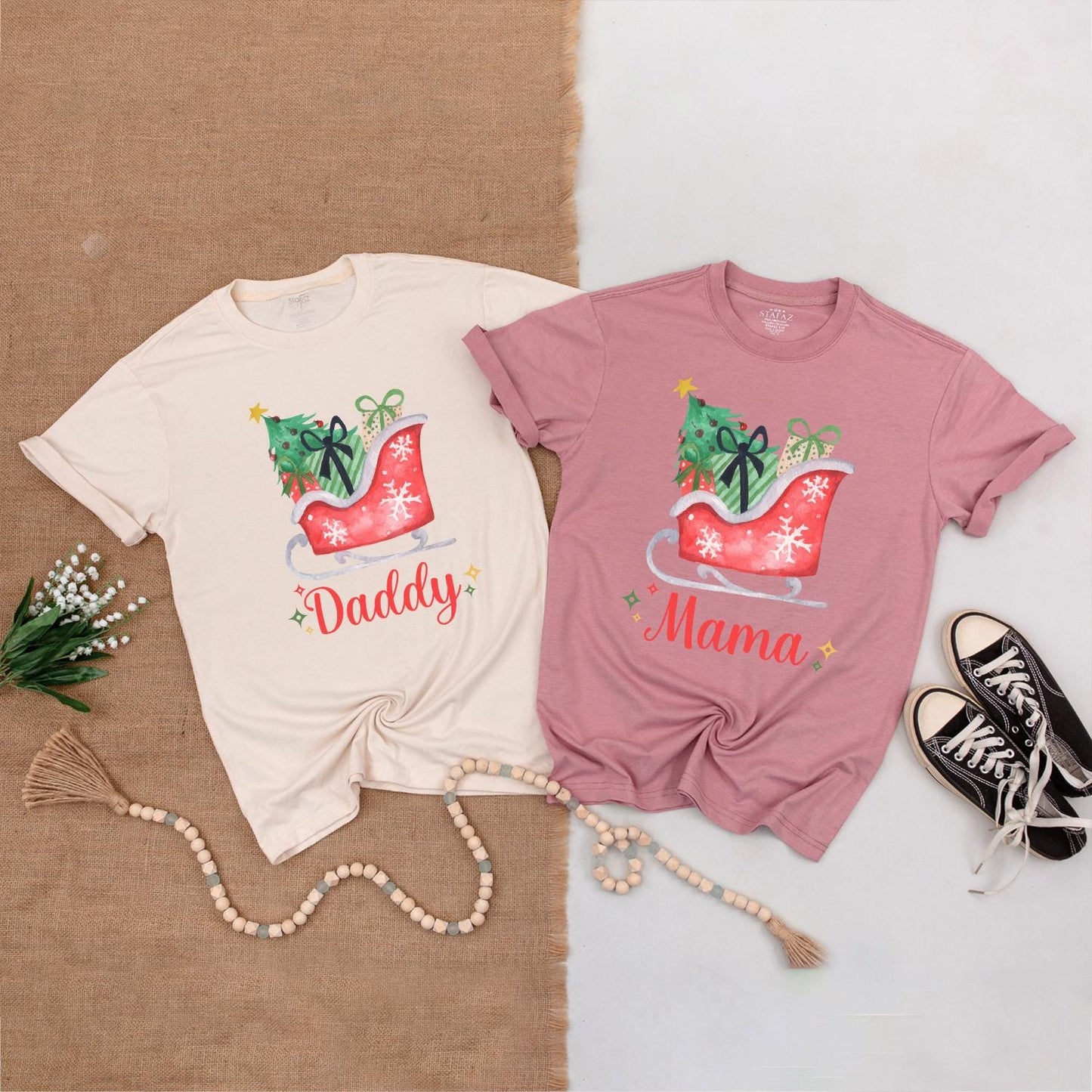 Whimsical Santa Sleigh Family Matching Shirts Mama Daddy Sister Mini Christmas Holiday Tees