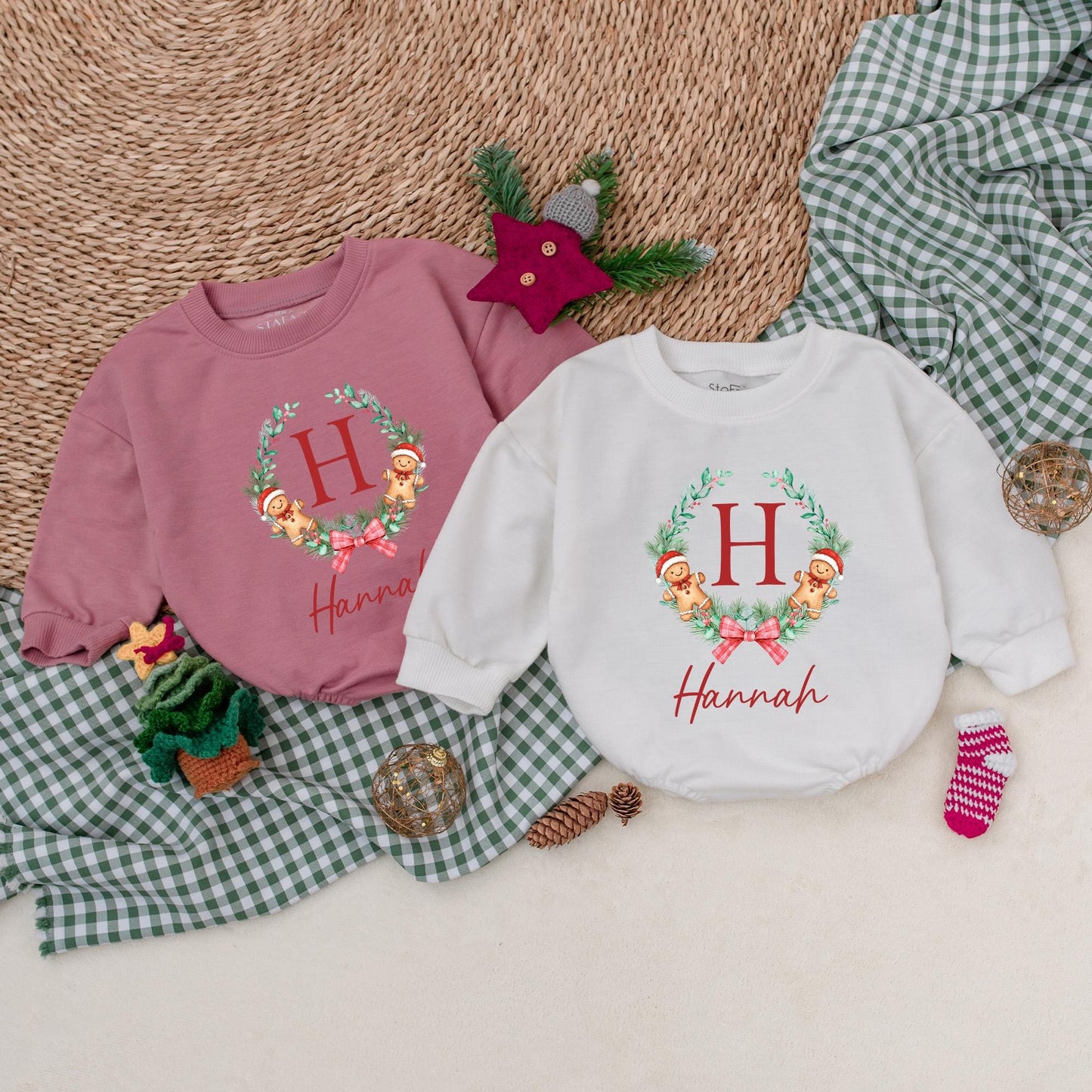 Custom Christmas Cookie Romper for Girls Personalized Hannah Red Berry Pine Wreath Baby Christmas Outfit Bubble