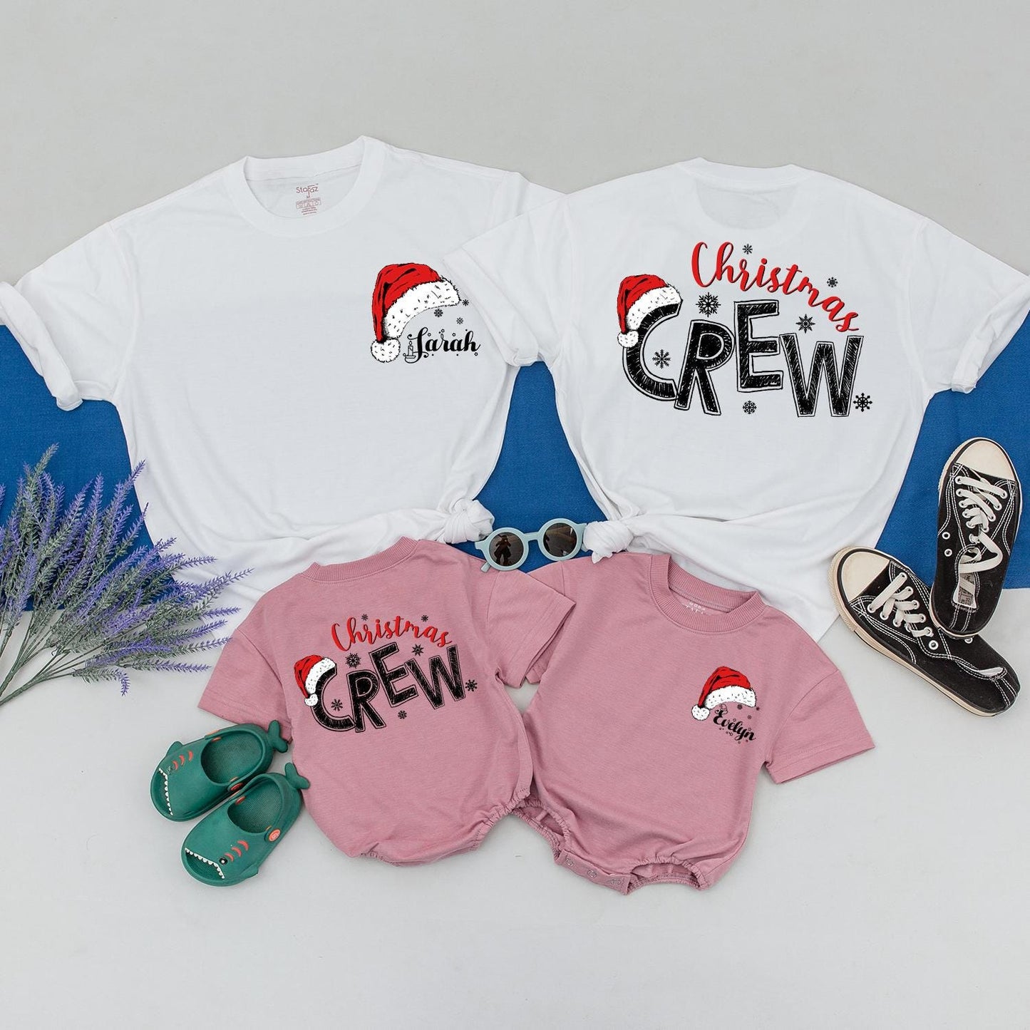 Personalized Christmas Crew Shirts Matching Family Santa Hat Outfits Custom Names Snowflake Detail Festive Xmas Gifts