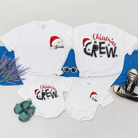 Personalized Christmas Crew Shirts Matching Family Santa Hat Outfits Custom Names Snowflake Detail Festive Xmas Gifts