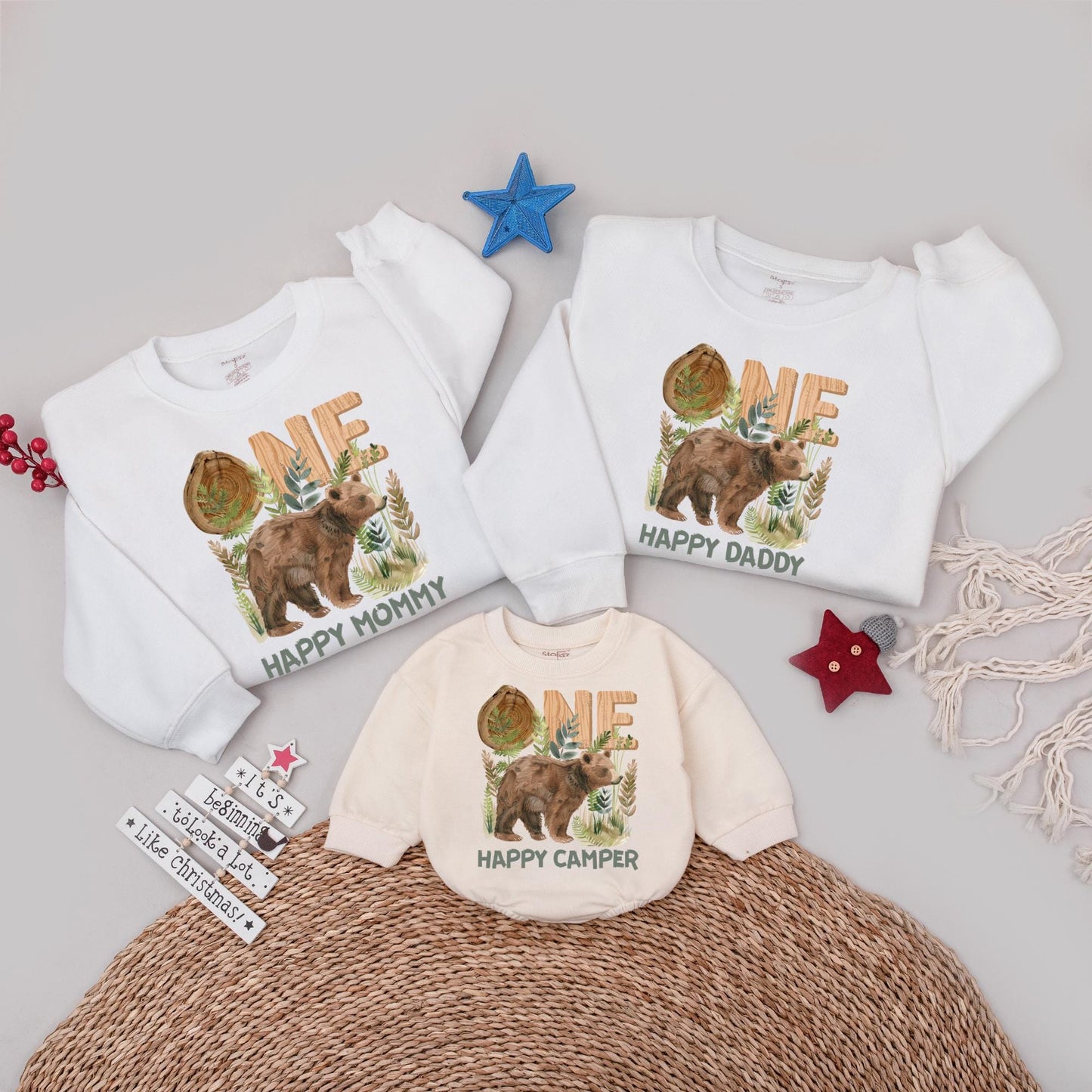 One Happy Camper Family Sweatshirt Bear Tent Birthday Outfit for Mom Dad Woodland Themed Camping Party Wear