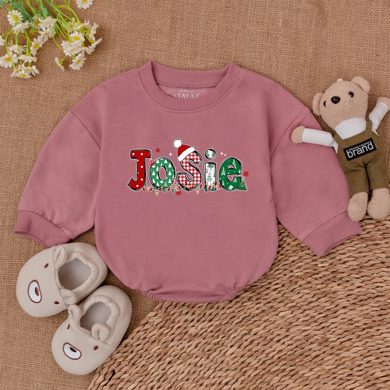 Josie Christmas Name Baby Romper Personalized Festive Holiday Outfit with Santa Hat and Lights