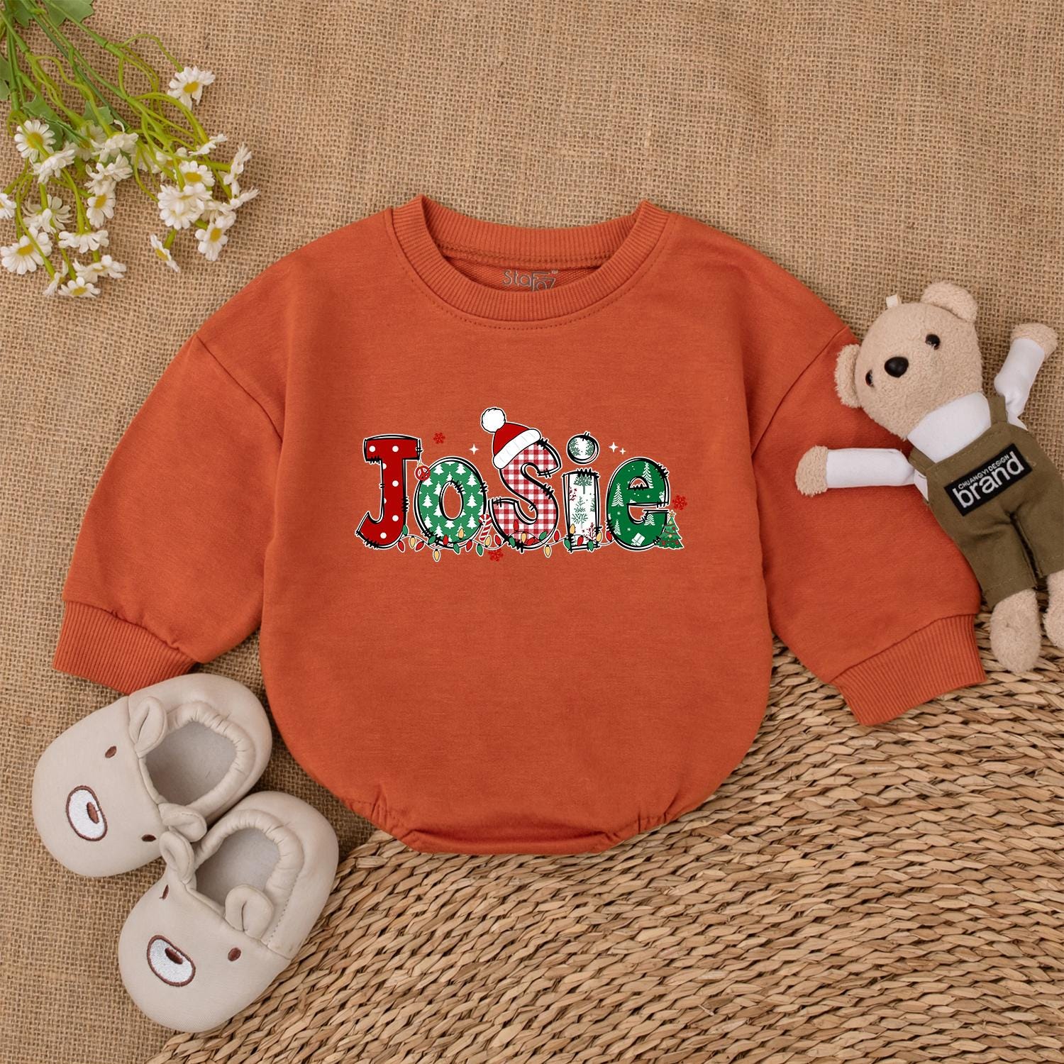 Josie Christmas Name Baby Romper Personalized Festive Holiday Outfit with Santa Hat and Lights