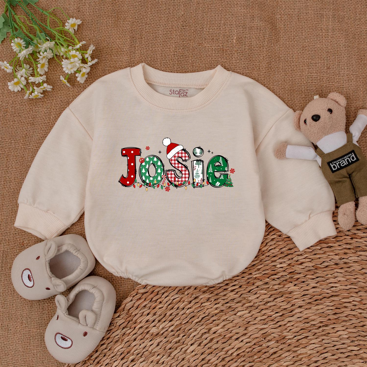 Josie Christmas Name Baby Romper Personalized Festive Holiday Outfit with Santa Hat and Lights