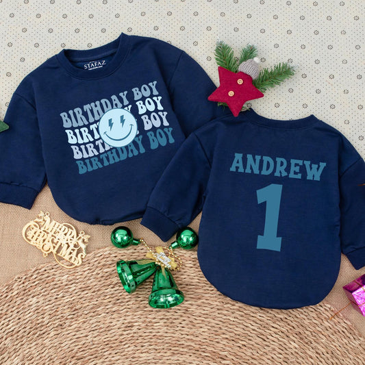 Personalized Birthday Boy Romper Cute Baby Boy First Birthday Outfit with Blue Lightning & Smile Modern Minimalist Toddler Party Clothes