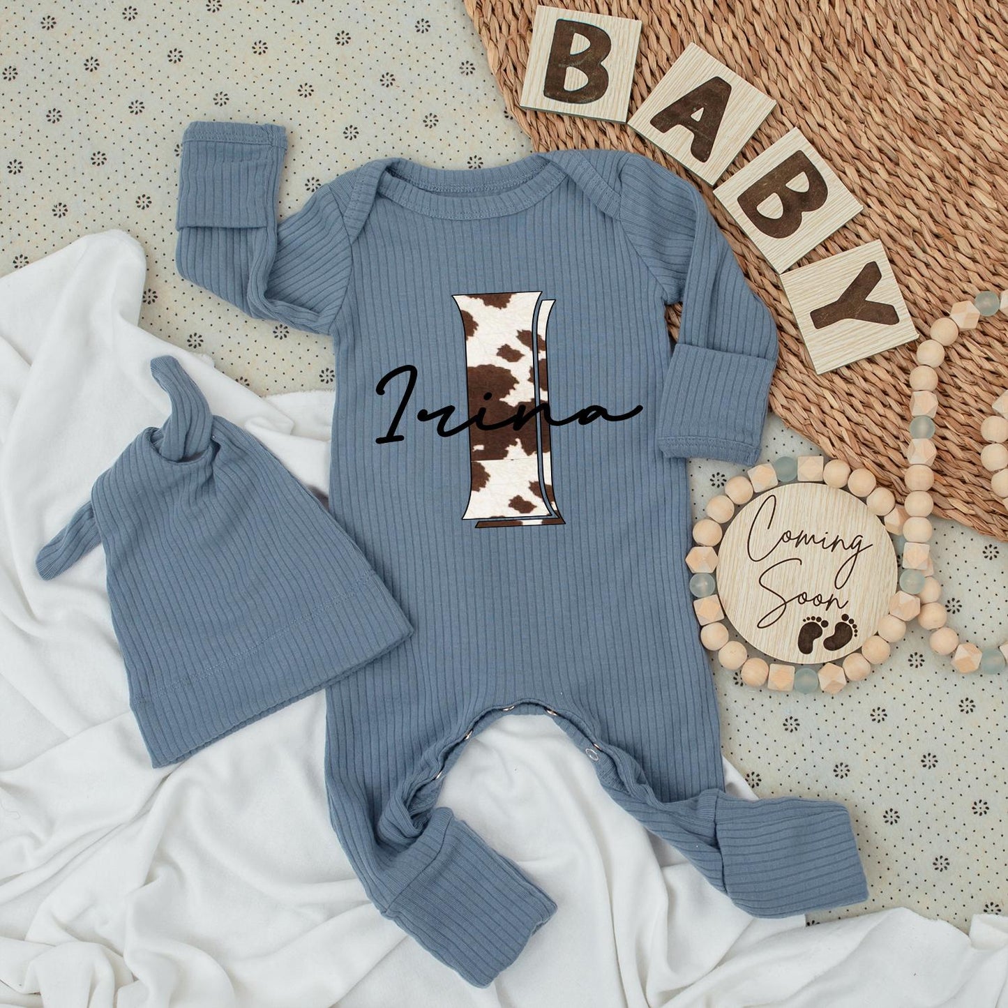 Personalized Cindy Cow Print Baby Bodysuit & Hat Set, Western Cowboy Romper, Custom Name Baby Gift, Pregnancy Announcement