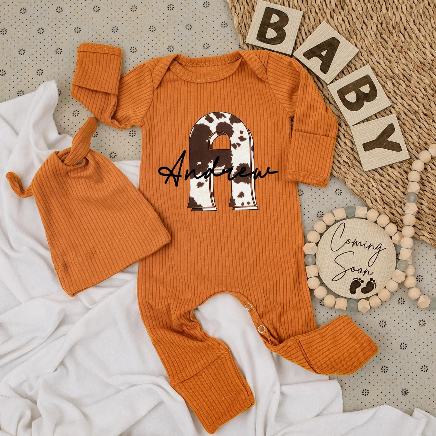 Personalized Cindy Cow Print Baby Bodysuit & Hat Set, Western Cowboy Romper, Custom Name Baby Gift, Pregnancy Announcement