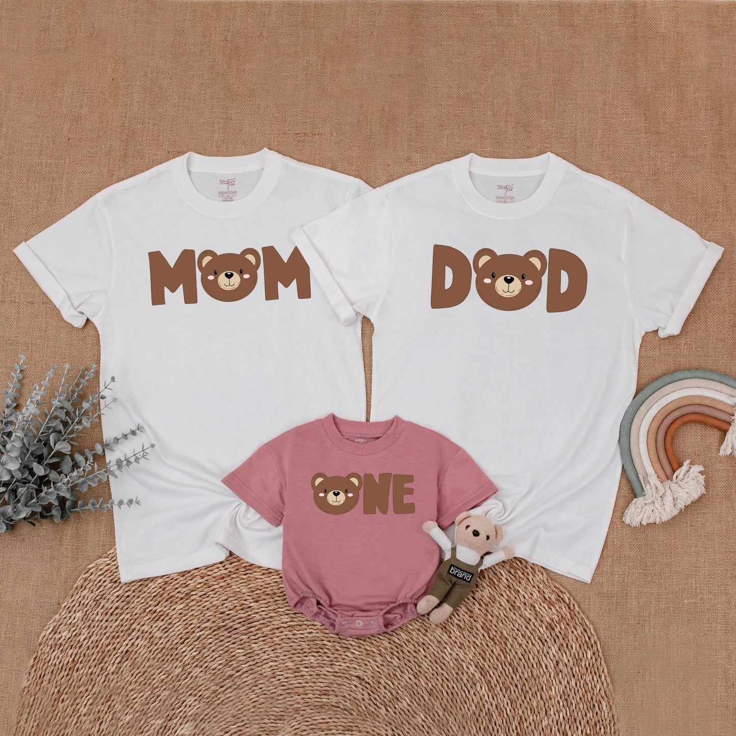 Matching Bear First Birthday Family Shirts Little Bear Birthday Girl Boy Outfit 1st Birthday Celebration Mom Dad Soft Cotton Bubble Romper