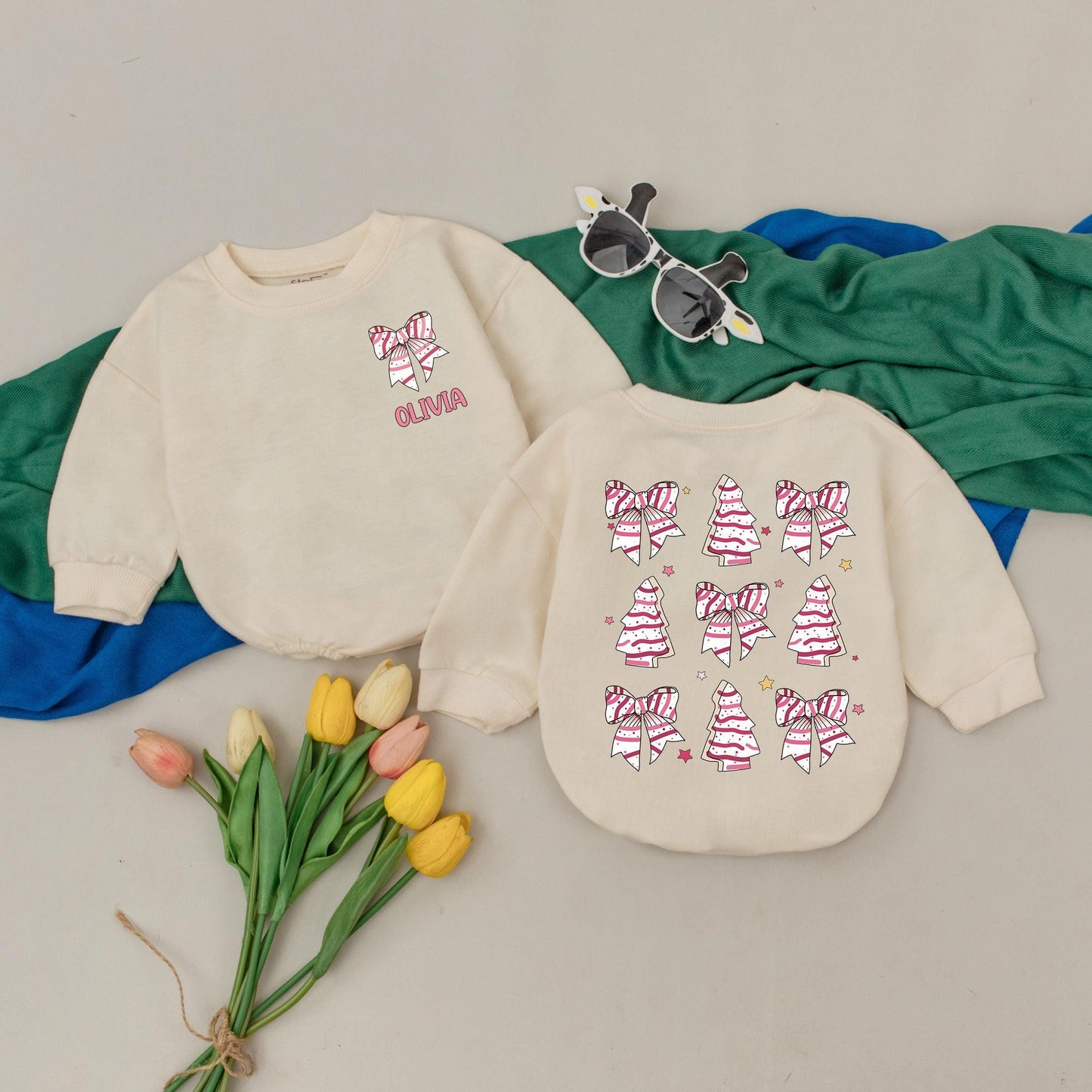 Olivia Pink Bow Christmas Tree Romper for Baby Girl, Personalized First Christmas Outfit, Newborn Holiday Gift with Whimsical Stars and Stripes