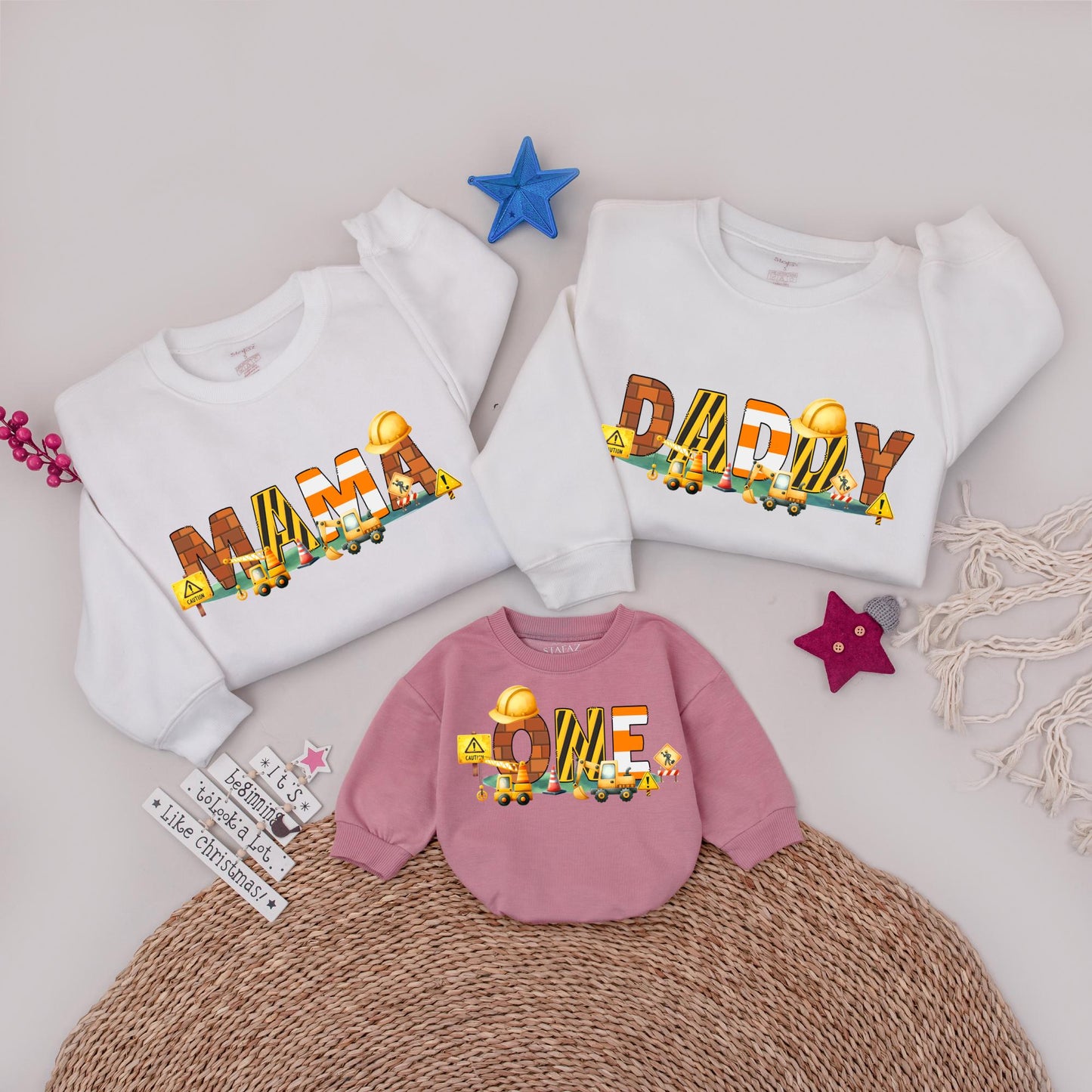 Construction Birthday Family Shirts Matching Mama Daddy ONE Construction Truck Design Custom Outfit