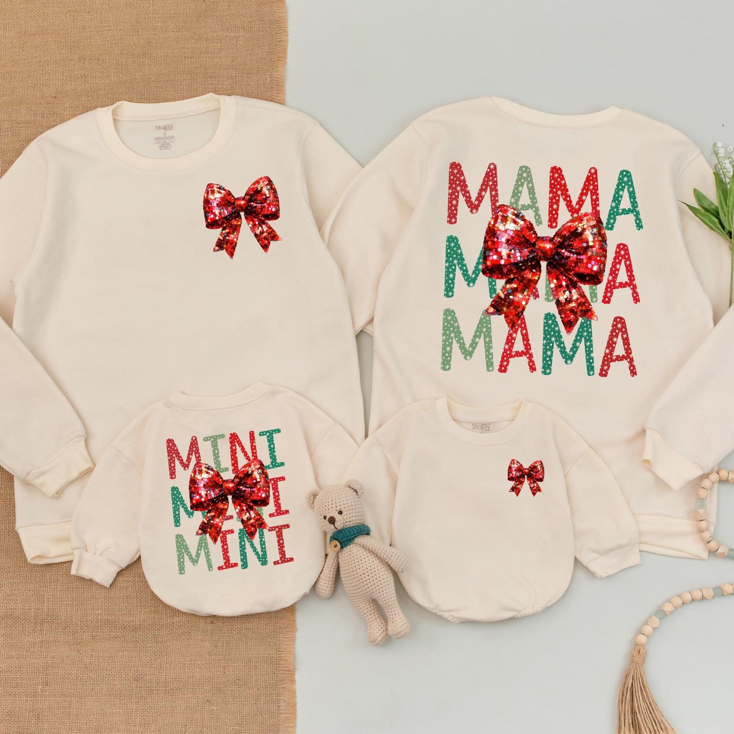 Matching Mama and Mini Christmas Bow Sweatshirts, Retro Holiday Outfits, Red Sequin Bows, Trendy Christmas Girl Sweatshirt, Baby Romper Clothes