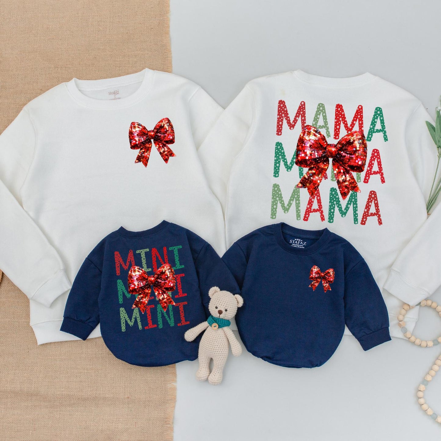 Matching Mama and Mini Christmas Bow Sweatshirts, Retro Holiday Outfits, Red Sequin Bows, Trendy Christmas Girl Sweatshirt, Baby Romper Clothes