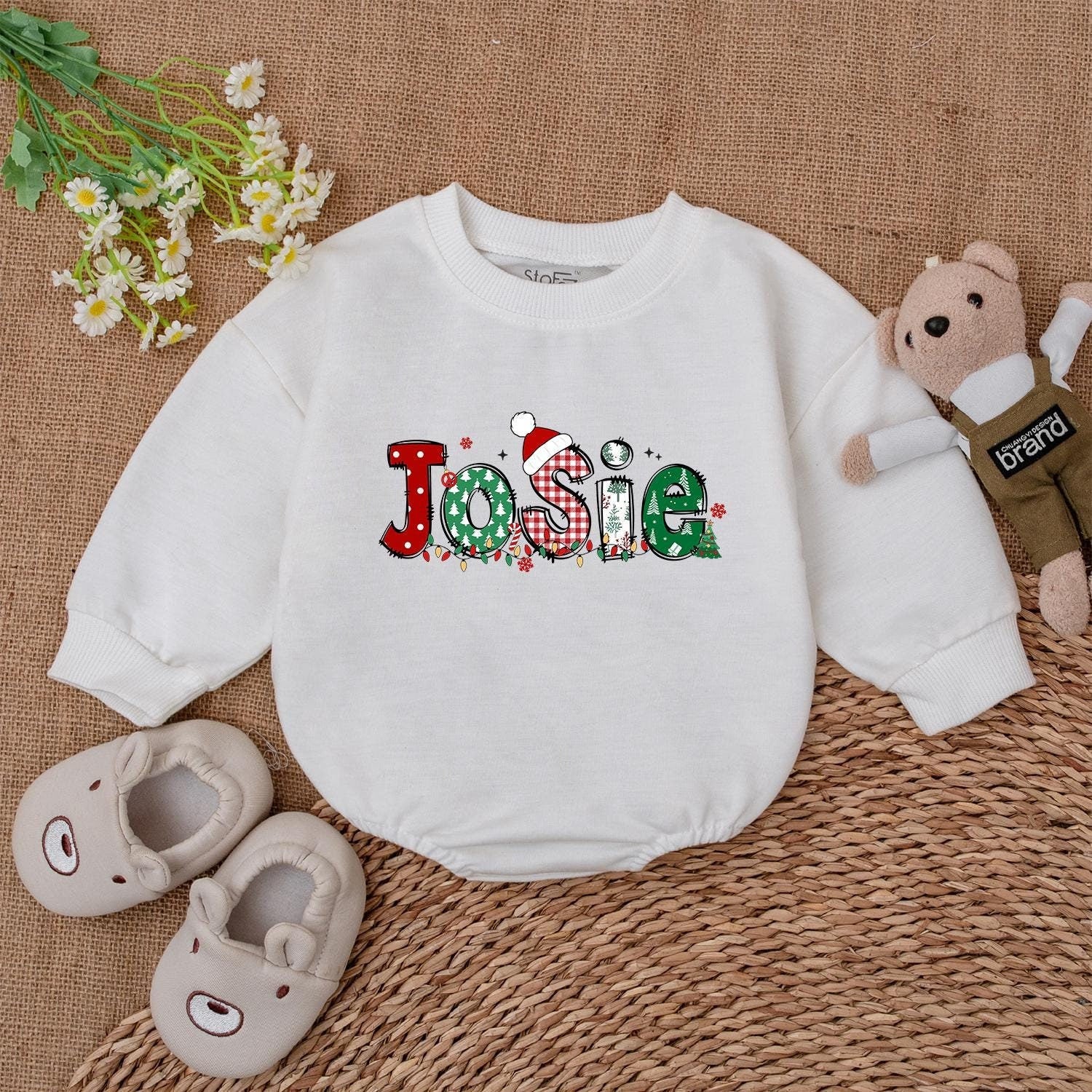 Josie Christmas Name Baby Romper Personalized Festive Holiday Outfit with Santa Hat and Lights