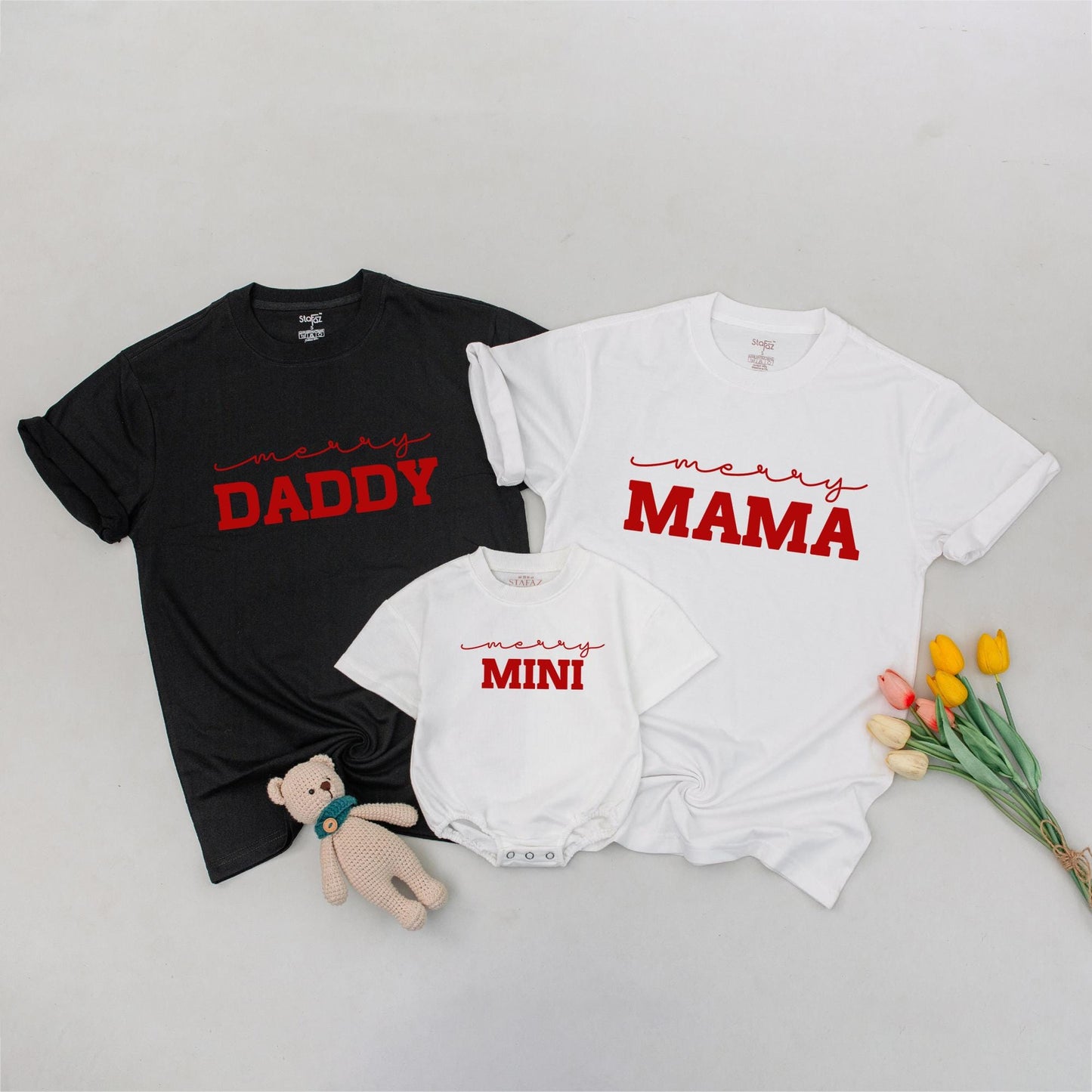 Merry Family Christmas Shirts, Matching Mama Mini & Daddy Outfits, Red Holiday Tops, Mom Baby Clothes Set, Simple Modern Design, Matching Family Outfits (137 chars)