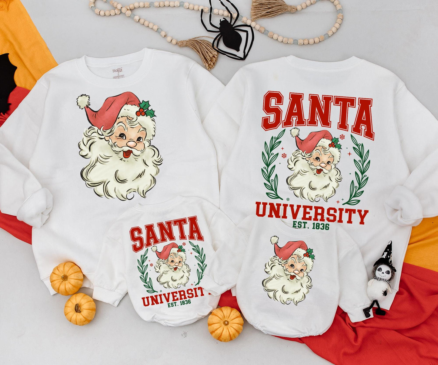 Retro Santa University Christmas Sweatshirt Toddler Outfit, Vintage Graphic Holiday Sweater, Cute Xmas Baby Romper, Newborn Gift Est. 1836 (2 Sided)